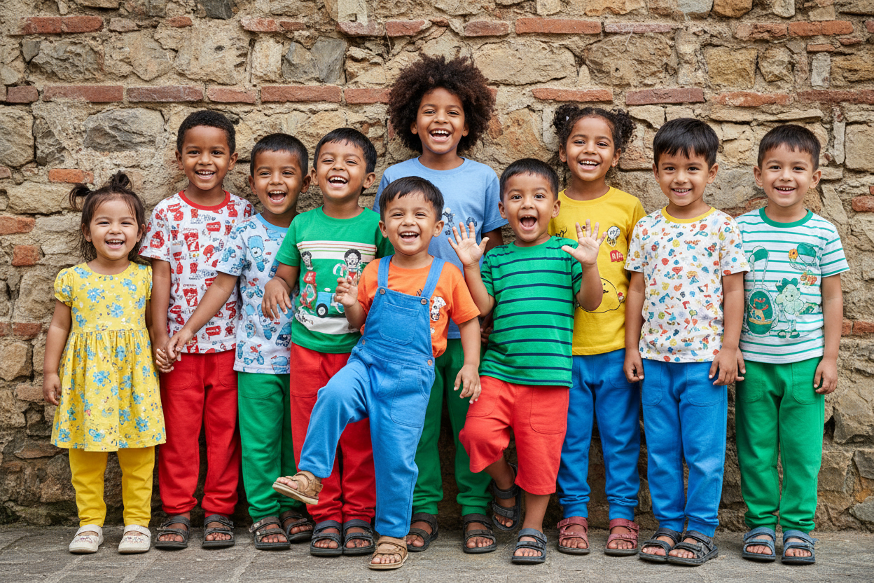 create an image with a brickstone wall background where a couple of kids age ranging from 3 to 6, 7 years in colorful dresses, mostly cotton trousers and tshirts