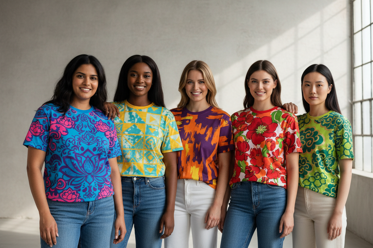Indian and western ladies in colorful printed tshirts 